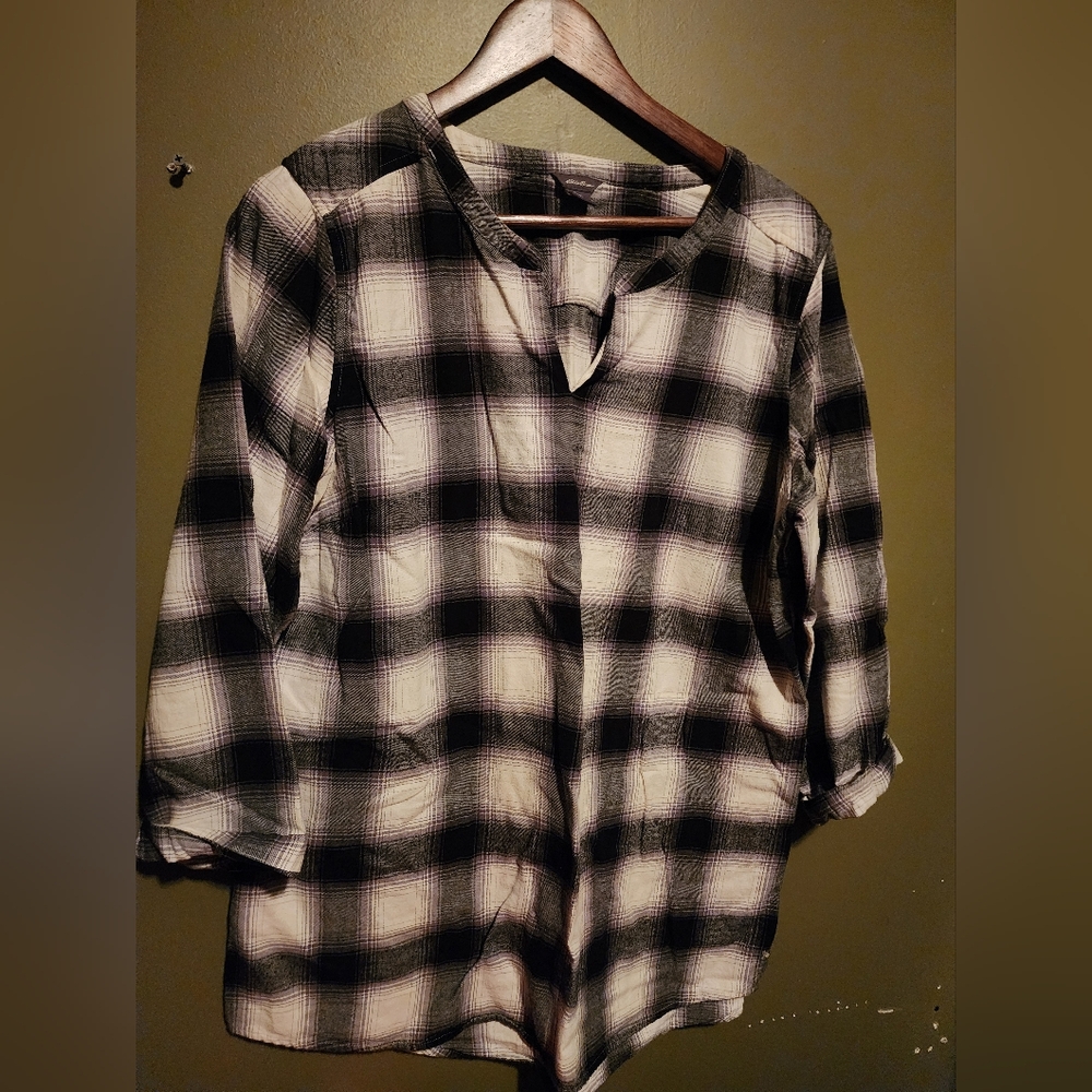 Eddie Bauer Black & White Plaid Tunic Pullover Shirt Size Medium Flannel Cotton